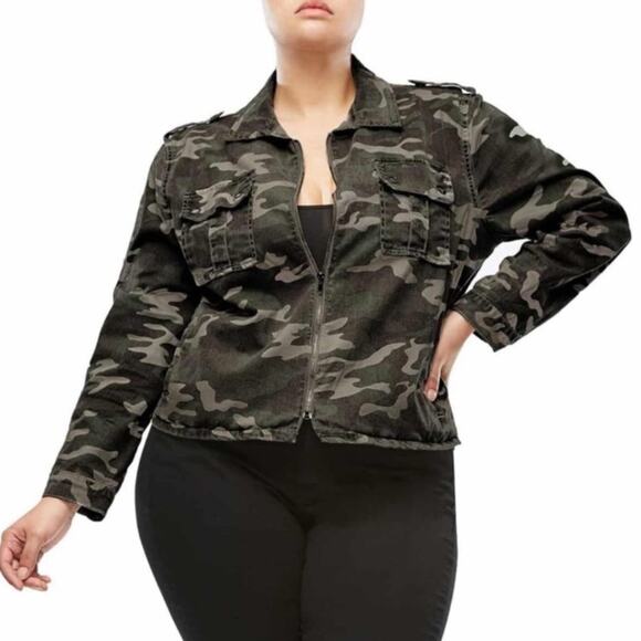 Good American Jackets & Blazers - Good American camo denim military jacket stretch zip jean size XL 2/3 16 1X 2 3